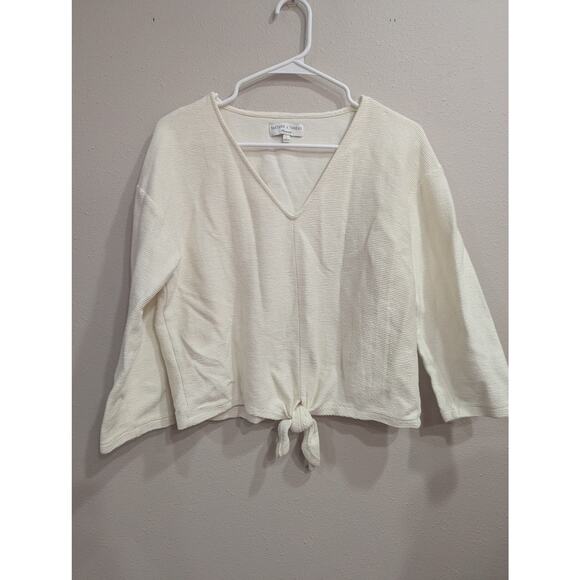 Long sleeve ribbed cotton v-neck long sleeve cropped tied blouse size Large - Picture 1 of 9
